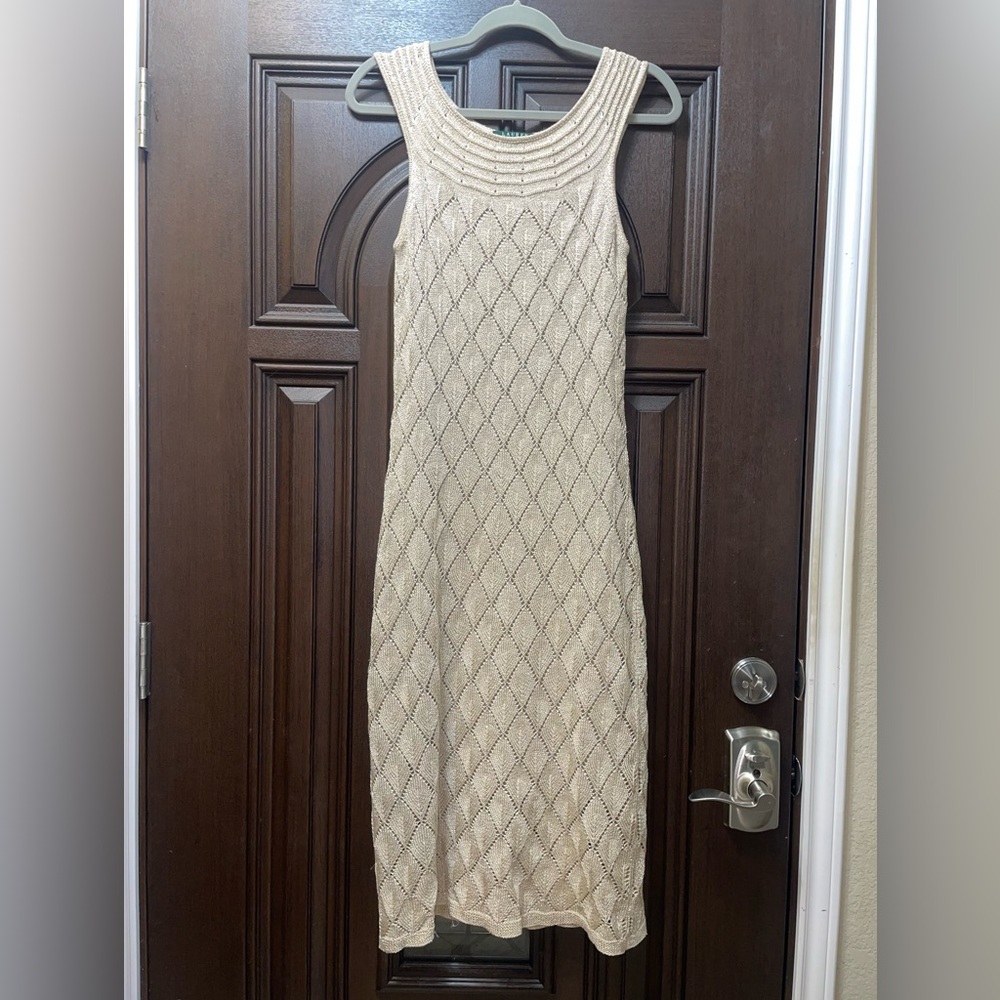 Ralph Lauren Cream/Gold Textured Midi Dress Sz Medium